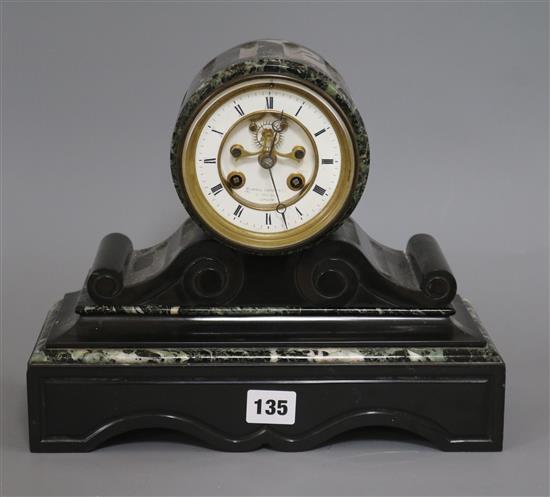 A French slate and marble drum head mantel clock